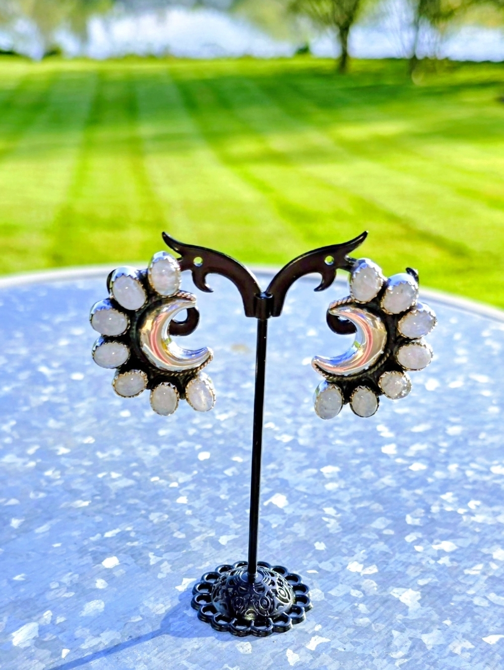 Rainbow Moonstone Crescent Moon Earrings in 925 Sterling Silver (1.6")